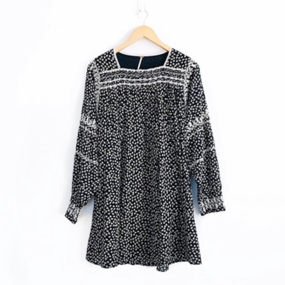 Free People Black and Off-White Long-Sleeved Dress with Embroidery Details